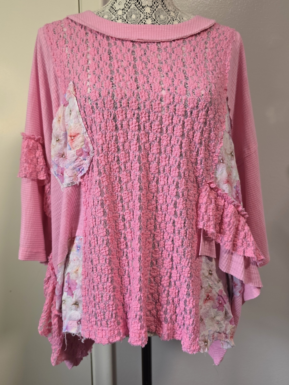 POL Pink Floral Lace Patchwork Oversized Boho Tunic Top Small
